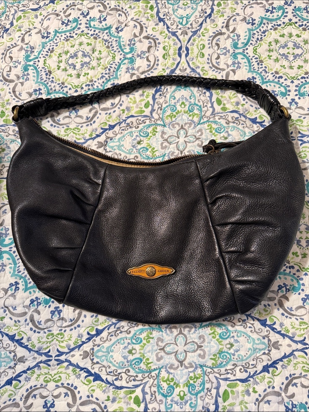 Elliott Lucca Black Braided-Handle Pebble Leather Shoulder Bag